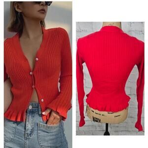 Commense ruffled trim pearl sweater cardigan Sz  S long sleeve ribbed A23